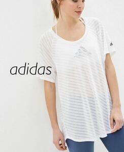 新品 adidas アディダス レディース 半袖 トレーニングトップ バーンナウト Tシャツ ボーダー シースルー ロング ルーズ L