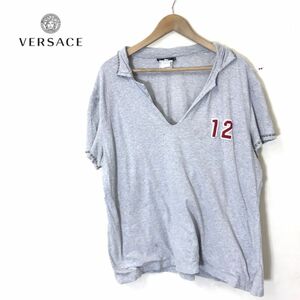 R1144-D◆イタリア製◆ VERSACE ヴェルサーチェ 半袖ポロシャツ 開襟 スタッズ オーバーサイズ ◆ sizeXXXL グレー コットン系