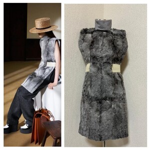 定価約40万円 CELINE 2013AW セリーヌ フィービー コレクション オーストリッチ ベルト カシミヤ ノースリーブ ワンピース 34 グレー