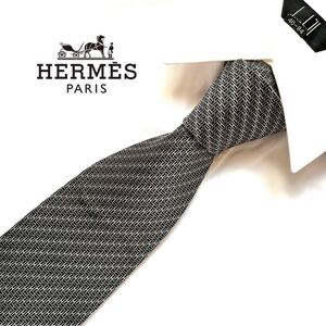 美品 HERMES エルメス ネクタイ メンズ シルクネクタイ 絹 フランス製 ロゴ ビジネス カジュアル フォーマル グレー 758848T