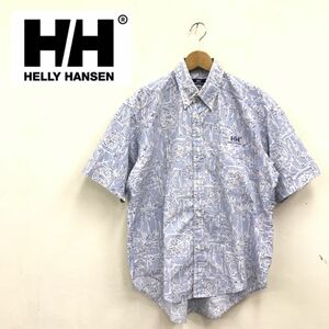 1S607-R-N◆HELLY HANSEN ヘリーハンセン 半袖ボタンダウンシャツ◆サイズM メンズ 紳士 トップス 春夏 総柄 マリン 綿混 ライトブルー