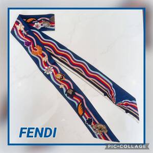 ●美品●FENDI ラッピー スカーフ ネイビー系 マルチカラー シルク フェンディ カメレオン フラワー ツイリー ヘアバンド