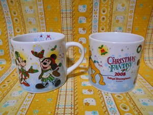 ♪ディズニー美品東京ディズニーランドクリスマスファンタジー2008陶器製マグカップ２個セットミッキーマウス＆ミニーマウス＆プルート