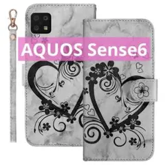 AQUOS Sense6 ケース 手帳型くろ 女性人気 大理石 花柄