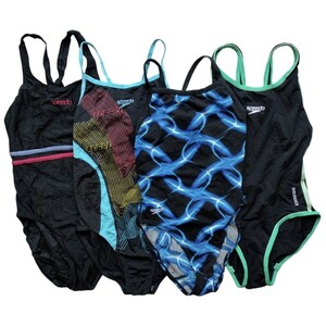 5【4枚セット】SPEEDO女子競泳水着(L程度)★エンデュランス★オープンバック光沢ブラック黒パイピング・ラインなど★伸縮性あり男性も