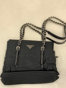 ☆ 1円セール ☆ PRADA　プラダ チェーンショルダーバッグ 三角プレート レザーハンドル ナイロン BLK 中古 現状品　◆28471