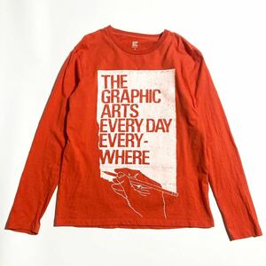 良品 ☆ Design Tshirts Store graniph グラフィック アート プリント Tシャツ 長袖 ロンT オレンジ M 男女兼用 人気 グラニフ■SAP359