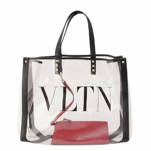 【ヴァレンティノ】Valentino VLTN ロックスタッズ ビニール×レザー ポーチ付きトートバッグ クリア×ブラック【中古】197238