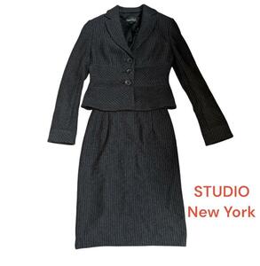 【スカートスーツ】STUDIO NEWYORK☆レディース☆S☆ストライプ☆黒☆オフィス☆ビジネススーツ☆フォーマル☆通勤