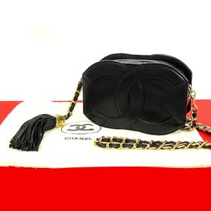 極 美品 袋付き シール有 1番台 CHANEL シャネル ココマーク ラムスキン タッセル チェーン ミニ ショルダーバッグ ブラック 69855