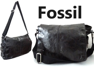 上質 牛革/オールレザー/FOSSIL：フォッシル/カウレザー メッセンジャーバッグ/ショルダーバッグ/ブラック