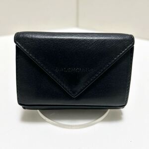 ◆BALENCIAGA バレンシアガ　391446　ペーパー ミニウォレット◆　三つ折り コンパクト財布　本革　小銭入れ有　ブラック【USED】0829