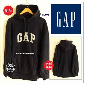 送料込 良品★GAP 裏起毛 スウェット パーカー XL(XXL相当) ネイビー★ギャップ/オールド/濃紺/デカロゴ/ビッグフード/フーディー/コットン