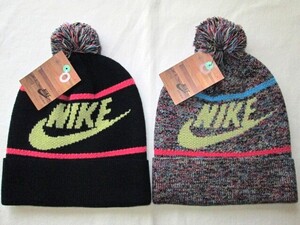 ★新品 NIKE×atmos BONBON KNITCAP ナイキ×アトモス ボンボン ニットキャップ ニット帽子 頭囲57cm~59cm 339179 黒 杢色 アクリル 紳士★