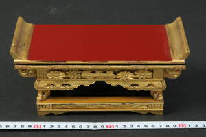 5889 美品 寺院 焼香机 上卓 経机 8寸 8号 23x10x11 総金箔押金具打 若狭塗 ■仏具・仏像・仏教美術 