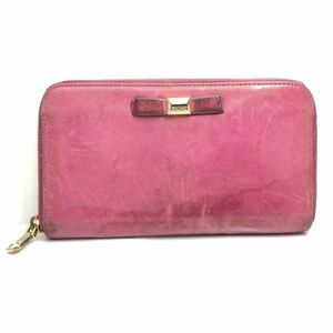 1円～ ミュウミュウ miumiu 長財布 ラウンドファスナー ラウンドジップ リボン レザー ピンク系 13-21061523