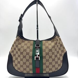 1円【極美品】GUCCI グッチ ジャッキー シェリーライン GGキャンバス ハンドバッグ ショルダー 腕掛け 肩掛け キャンバス レザー 茶系 緑赤