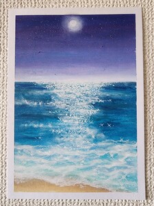 海の絵　世界で１枚　風景画　パステル画　絵画　癒し　ヒーリング　アート カラフル　夜の海