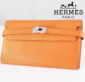 【セール】美品 HERMES エルメス ケリーウォレット デュプリ 三つ折り財布 長財布　レザー　オレンジ　レディース　女性