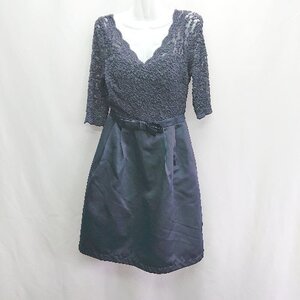 ◇ DRESS LAB ドレスラボ レース バックジップ 胸パット入り 五分袖 膝丈 ワンピース サイズM ネイビー レディース E