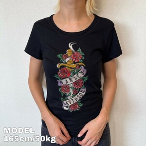 ハーレーダビッドソン Tシャツ ラインストーン USA製 XS 黒 赤 ピチT