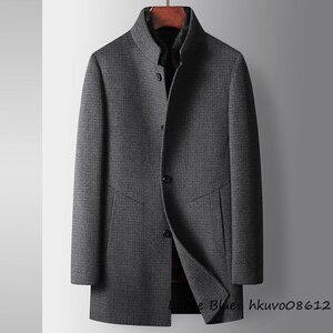 定価16万*新品 ウールコート メンズ 立ち襟 カシミヤ*WOOL ダウンジャケット チェスターコート ロングコート 紳士スーツ 秋冬 グレー① 4XL