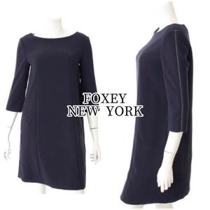 FOXEY NEWYORK ワンピース サイドレザーデザイン 大人綺麗 ネイビー