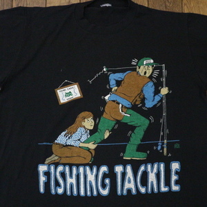 80s FISHING TACKLE Tシャツ ブラック LSJ Sportswear フィッシング イラスト ユーモア オールド USA ヴィンテージ