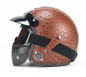 ハーレーヘルメット バイクヘルメット ジェットヘルメット PUレザー バイザー付き ゴーグル マスク付 カラー:G サイズ:XL