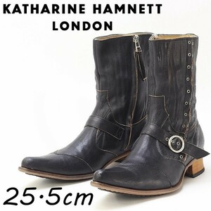 ◆KATHARINE HAMNETT キャサリン ハムネット レザー ベルトデザイン サイドジップ ブーツ 黒 ブラック 25.5cm