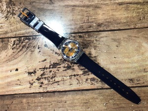 良品 レア swatch スウォッチ AG1996 スケルトン ドームガラス ネイビー×オレンジ系 純正ラバーベルト クオーツ メンズサイズ 腕時計