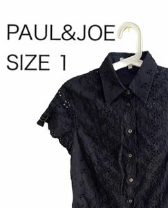 【送料無料】中古 PAUL&JOE ポール&ジョー 半袖シャツ ブラウス 刺繍 ブラック サイズ1