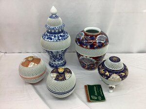 琴峰作 陶器まとめ/飾り壺/花瓶/ボンボニエール/香炉/網目焼 5点 中古品 ACB