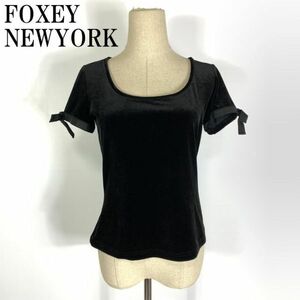 LA908 フォクシーニューヨーク 半袖カットソー ベロア リボン 黒 FOXEY NEWYORK Tシャツ テープ ブラック 40