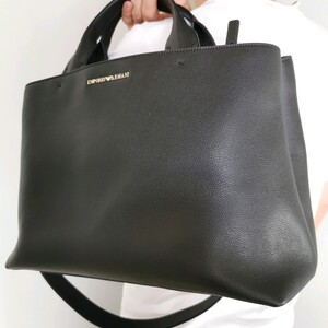 未使用級 EMPORIO ARMANI エンポリオアルマーニ 2way レザー シボ革 トートバッグ 2室 ショルダー ビジネス メンズ ブリーフケース A4 自立