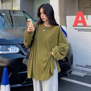 ロングTシャツ 大きいサイズ レディース ロングT トップス Tシャツ 丸首 長袖 シンプル 無地 春秋 ゆったり カジュアル LUEA169(2色L-4XL)