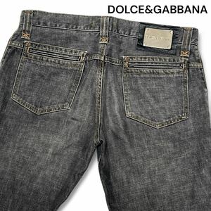 美麗品◎Lサイズ!!ドルチェ&ガッバーナ【圧巻の存在感】DOLCE&GABBANA ロゴ プレート ブラック デニム パンツ ジーンズ ダメージ◎メンズ