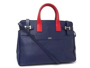 1円 GIORGIO ARMANI ジョルジオアルマーニ レザー 2WAY ハンドバッグ トート ショルダー 肩掛け ブルー系×レッド系 FG2232