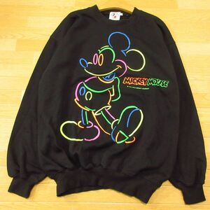 ◎使用少なめ 90s！ミッキーマウス ディズニー◆スウェット トレーナー ネオン ヴィンテージ！◆メンズ 黒 4 / L相当◆AA1413