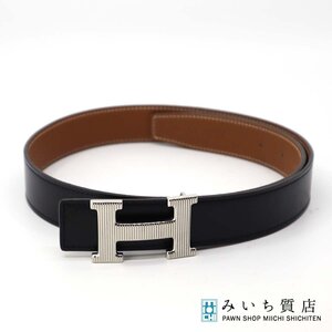 質屋 エルメス HERMES Hベルト ストリエ 80 ブラック ブラウン ボックスカーフ トリヨン □M 2009年 M1342 みいち質店