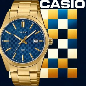 逆輸入カシオ 市松模様 新品1円 ダークブルー＆ゴールド 最新作 30m防水 腕時計 CASIO メンズ 激レア日本未発売 未使用