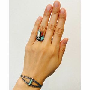 超希少!!VTG NAVAJO 20’s TURQUOISE CORAL MOP SILVER RING USA MADEビンテージナバホターコイズコーラルパールシルバーリング11.5号