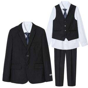 ♪Mineka♪セール 訳有品 男子スーツ5点セット フォーマル 紳士服 3つボタン 縦縞間隔10mm 入卒式 紺縦縞 ネイビー 140CM 145CM 4171/62