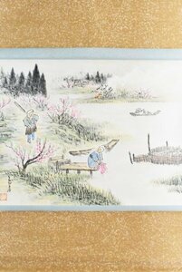 K3644 真作 高橋五仙子「春の風景」紙本 肉筆 人物画 日本画 中国 書画 絵画 茶掛 掛軸 掛け軸 古画 新潟の人