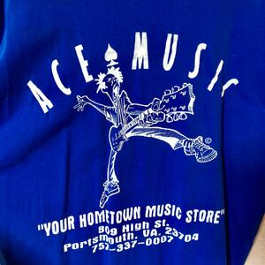 希少 ヴィンテージ ACE MUSIC Tシャツ XL 青 ブルー US古着 当時物 アメリカ 80s 90s バンド ロック ギター 楽器屋 ライブハウス
