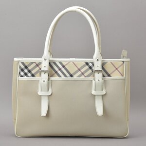 極美品 BURBERRY バーバリー ノバチェック トートバッグ ナイロン系 レザー ベージュ ホワイト ショルダー 肩掛け ビジネス 鞄 Mb.a/a.d