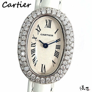 【カルティエ】ミニベニュワール ダイヤベゼル K18WG 美品 ホワイトゴールド レディース 腕時計 Cartier 俵屋