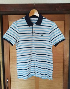 ■LACOSTE/ラコステ ボーダー 半袖ポロシャツ 青/水色/白　綿100% size２古着　鹿の子