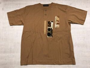 ロートレアモン LAUTREAMONT MEN ドメスティック レトロ モード 古着 ヘンリーネック アップリケ 半袖Tシャツ カットソー メンズ キャメル