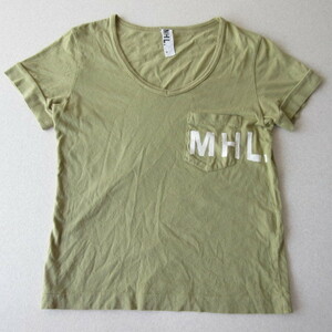 ○MHL. マーガレットハウエル エムエイチエル◆Tシャツ カットソー 半袖 胸ポケット プリント◆レディース　カーキ サイズ2